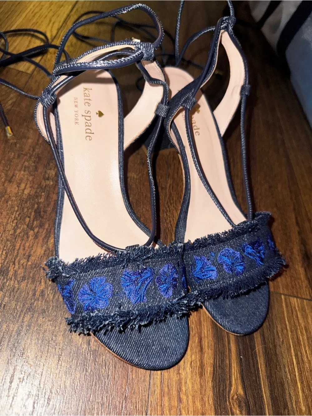 kate spade Navy Embroidered Strappy Block Heel Sandals